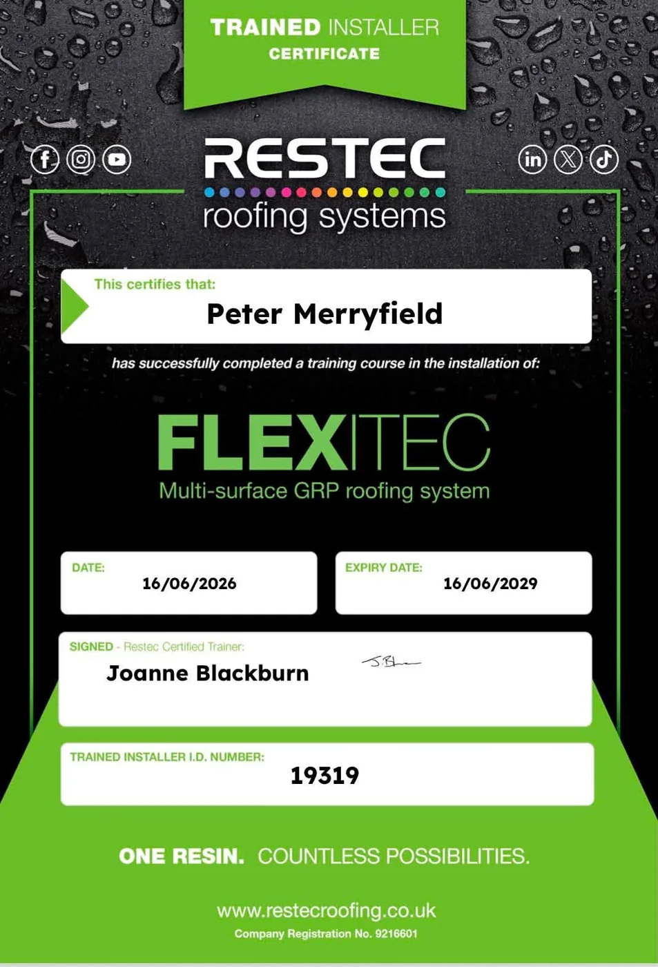Peter Merryfield RESTEC FLEXITEC trained installer certificate